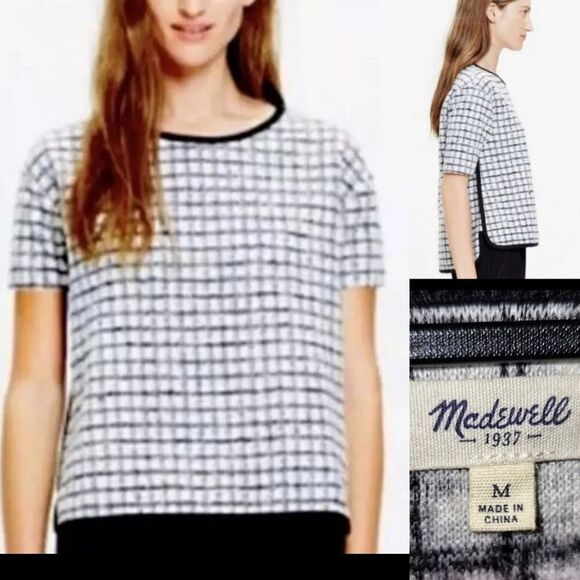 MADEWELL black white wool blend short sleeve brushed boxy sweater top medium M - Picture 1 of 7